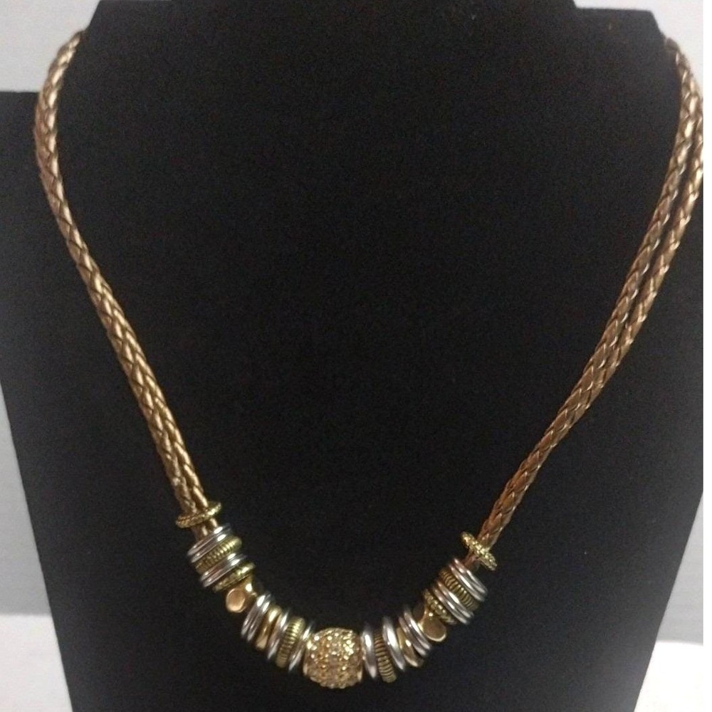 Gold Silver Two Tone Braided Wheat Chain Necklace with‎ Multi Ring Slider